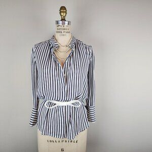 Loft Navy Striped Long Sleeve Oversized Cuffs + Band Collar * Ladies Size XS/SM